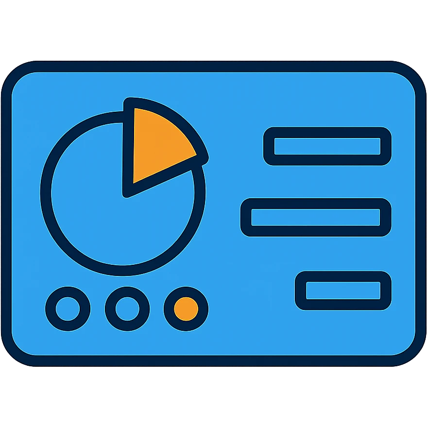 Refine the control panel icon with a fully transparent background. Keep the blue rounded rectangle, blue pie chart with a small orange slice, three small accent dots (mostly blue, one orange), and two blue horizontal lines on the right. Use almost exclusively blue shades with minimal orange accents, in a flat modern style. No opaque or colored background. emoji
