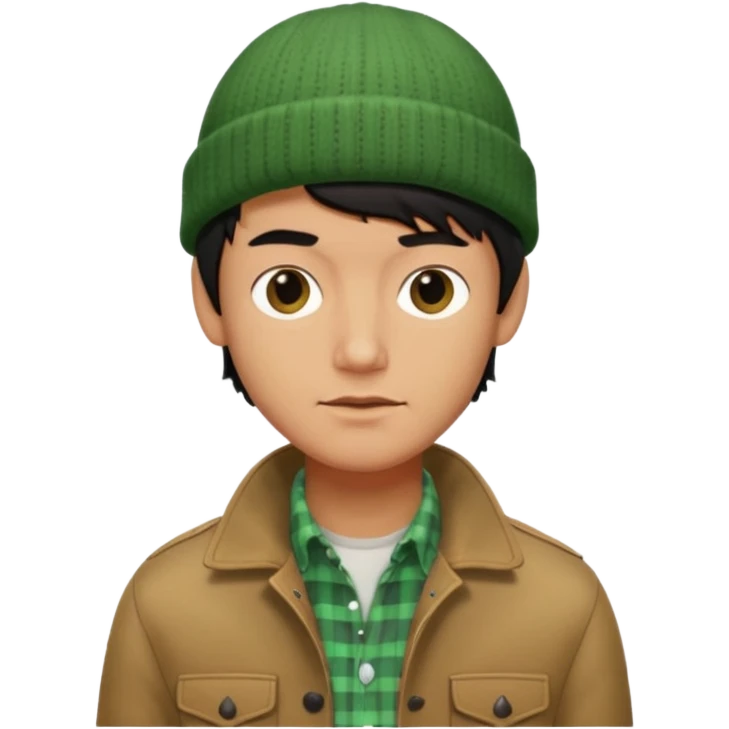 young man with longish black Beatle haircut, tan complexion, green beenie hat, tan jacket, checked shirt , pork chop sideburns emoji