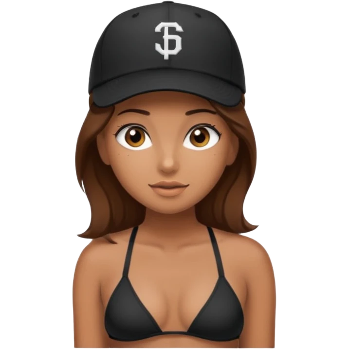 A tanned girl's face long straight brown hair with baseball black cap wearing black bikini emoji