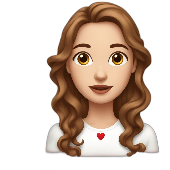 white beautiful woman, brown wavy hair, showing heart by two hands, long earrings emoji