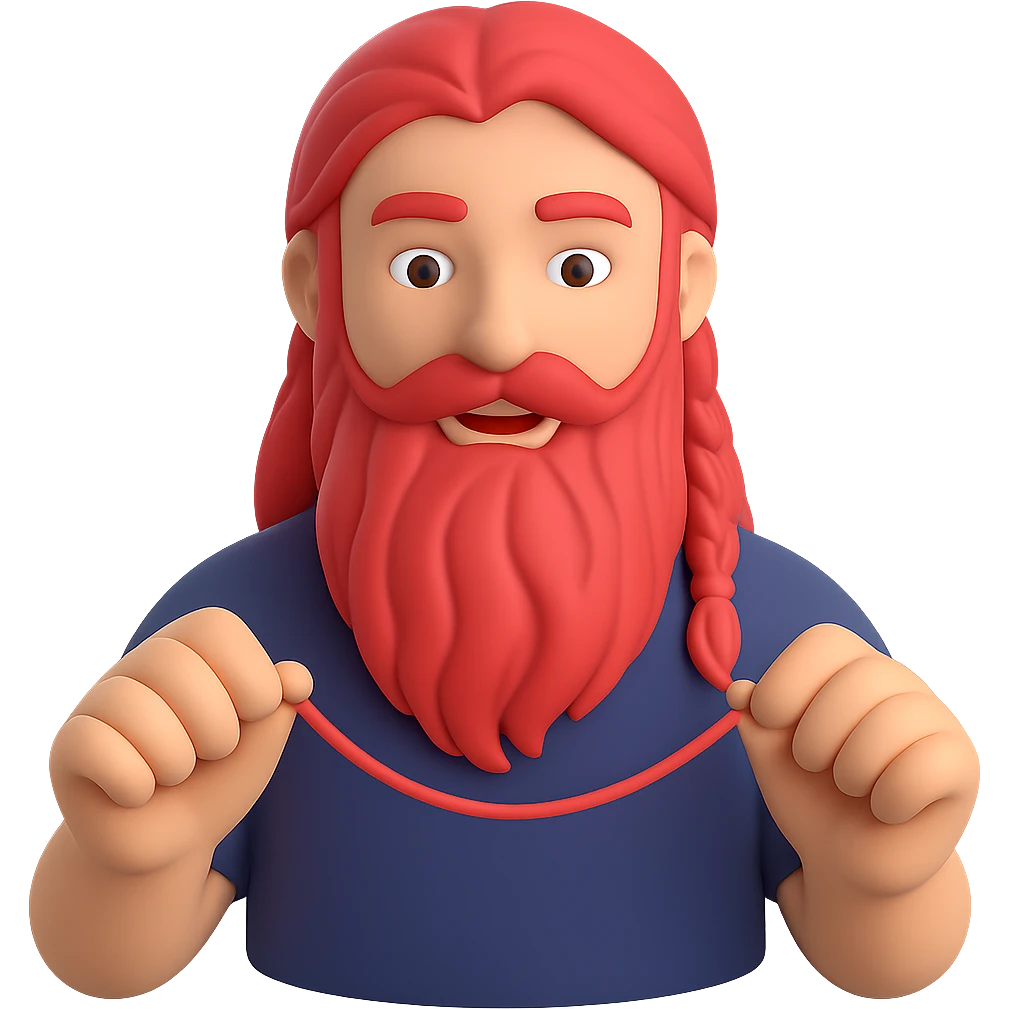 A man with a beard, long hair and a red thread in his hands, 3D emoji style emoji