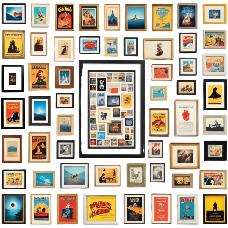 Icon for Photograph and Poster Collecting: a collection of photographs and movie posters, neatly displayed on a wall or in frames. The icon should evoke the nostalgia and artistic value of collecting rare images and posters. Transparent background. emoji
