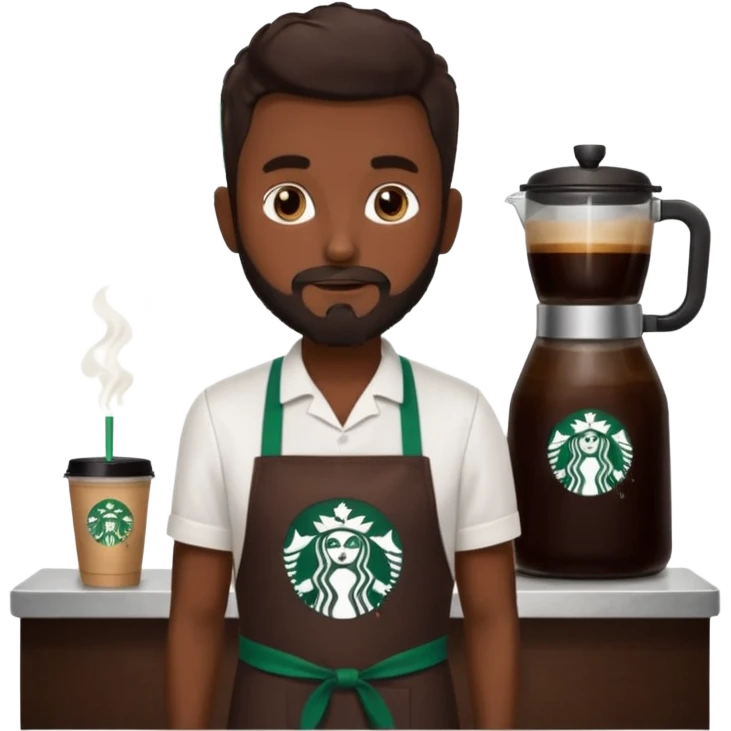 A Starbucks Barista with Black Coffee Master Apron. Boy has trimmed Beard Black emoji