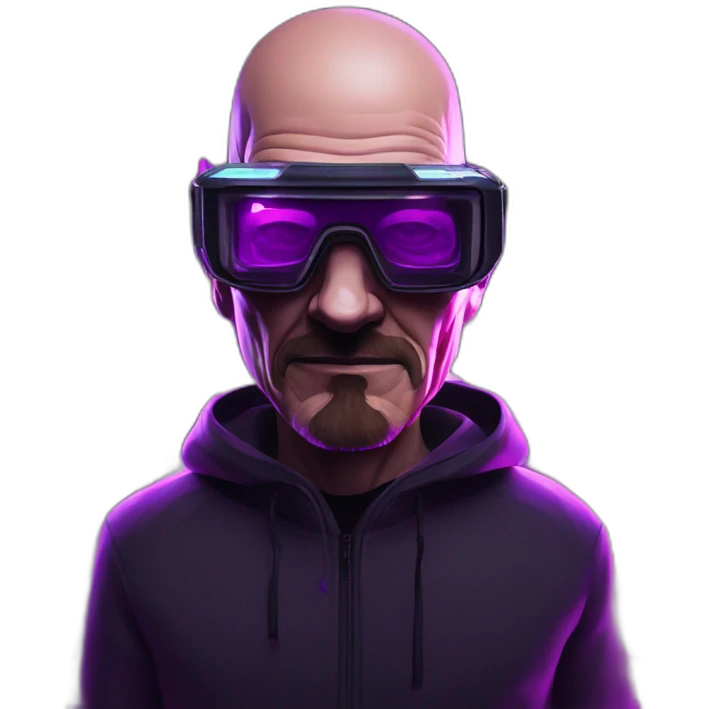 Walter White wearing a black hoodie with "OMG" letters on it and VR headset in a cyberpunk VR environment with violet neon lighting. emoji