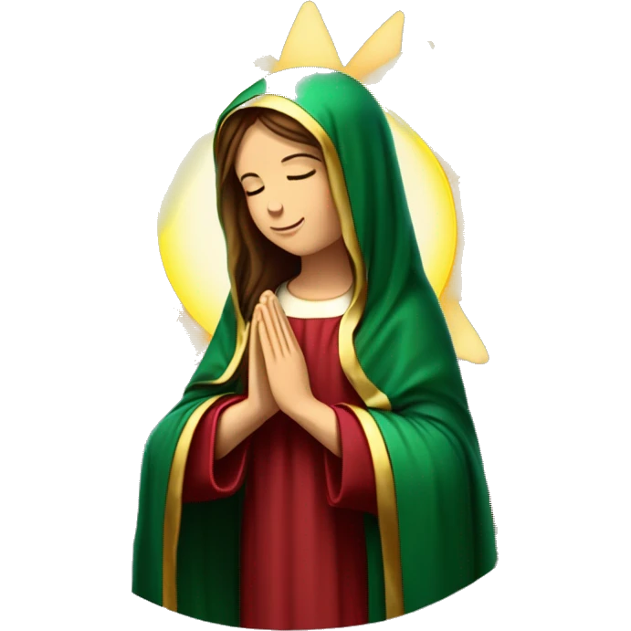 Virgin Mary: kind face looking down at the left, long brown hair, Wearing an emerald green  robe with gold stars and a burgundy red dress,  Hands in prayer or blessing. Halo around her head. standing in front of a big sun. colorful roses on the sides  emoji