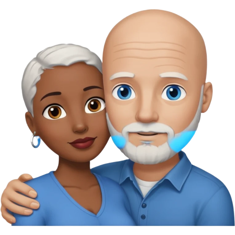 Talk bald white man with a white beard and blue eyes lovingly holding a black woman with brown eyes and grey hair emoji