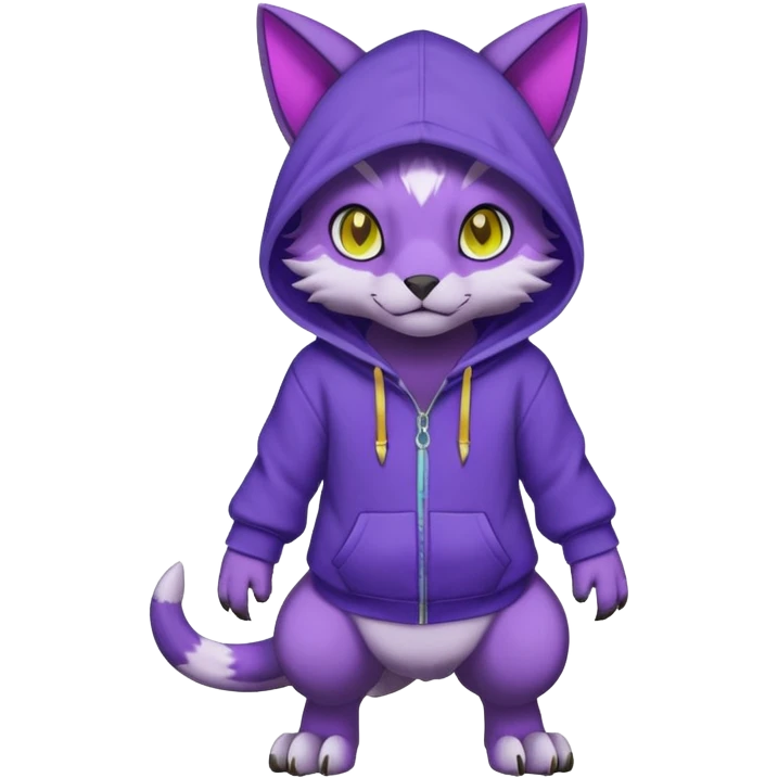 Colorful neon glowing dark gloomy :3 abyssal garurumon-purloin-feline-Fakemon-Digimon-creature wearing a violet hoodie fursona (full body)  emoji