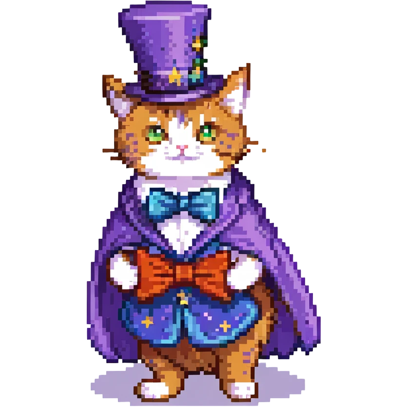 A magician cat in a top hat, a bowtie and a purple cape with stars emoji