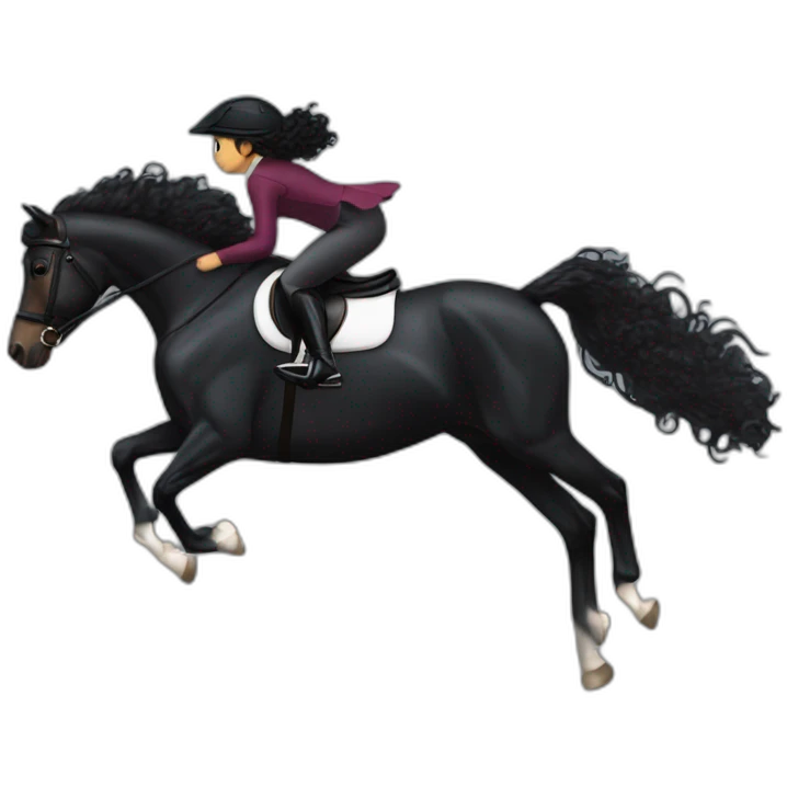 a  JET BLACK HORSE JUMPING AN OBTACLE, tHE HORSES RIDER IS A YOUNG FEMALE WITH LONG CURLY BRUNNET HAIR emoji