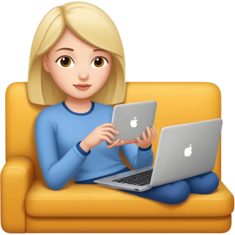 A girl is working with a laptop while lying on the sofa emoji