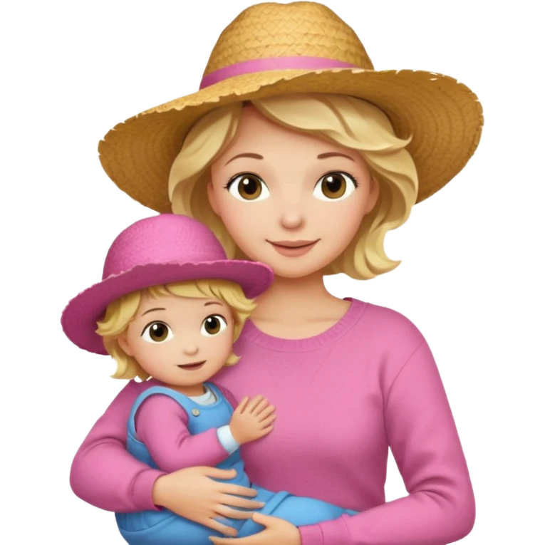 A cheerful wavy short blond hair mom in a straw hat carrying her child, wearing a pink sweater emoji