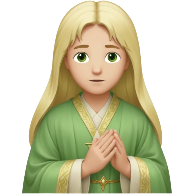 a young bishop, green eyes, long blonde hair, light green wide, flowing outer robe. hands clasped together, gazing thoughtfully. Soft light, subtle fern. Waist-up, profile. emoji