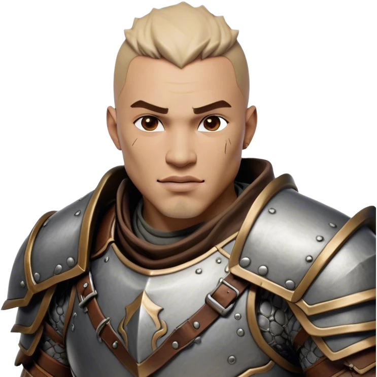 Cinematic Realistic WoW Human Warrior Portrait, head tilted dramatically with an exaggeratedly amused expression, blending rugged heroism with a hint of lighthearted charm. His chiseled face, framed by meticulously rendered steel armor and leather accents in consistent greys and bronzes, is brought to life with dynamic lighting and high shine, dramatic yet whimsical, capturing the essence of a warrior whose epic might is coupled with an approachable, playful demeanor. emoji