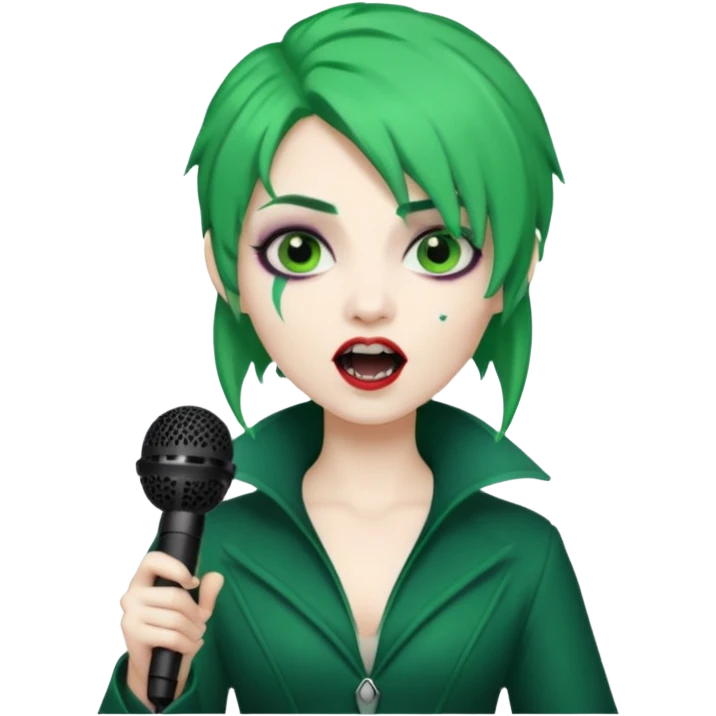 green haired, vampire makeup,holding microphone, singing emoji