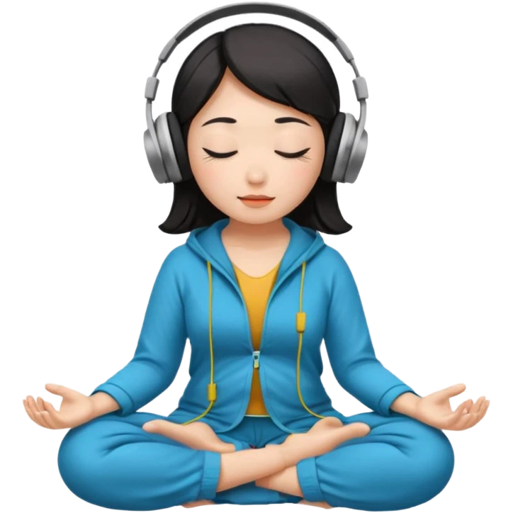 An East Asian woman🧘🏻‍♀️ is sitting cross-legged in a meditation pose, wearing Apple headphones🎧 and listening to music. The song is so beautiful that she has her eyes closed and tears streaming down her face. emoji