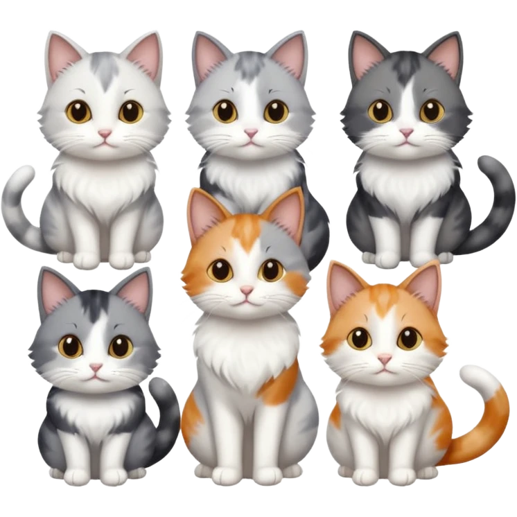 6 realistic looking cats with different natural coloured coats, assorted grey and white, greys, calico, brown and white colours etc
 emoji