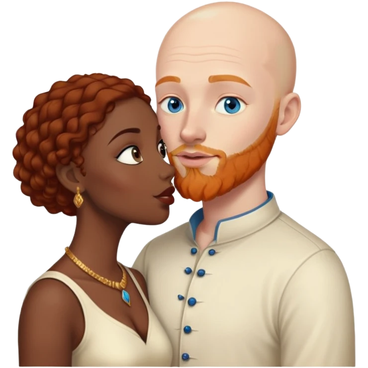 Bald white male with ginger beard and blue eyes kissing indian brown woman with black curly hair emoji