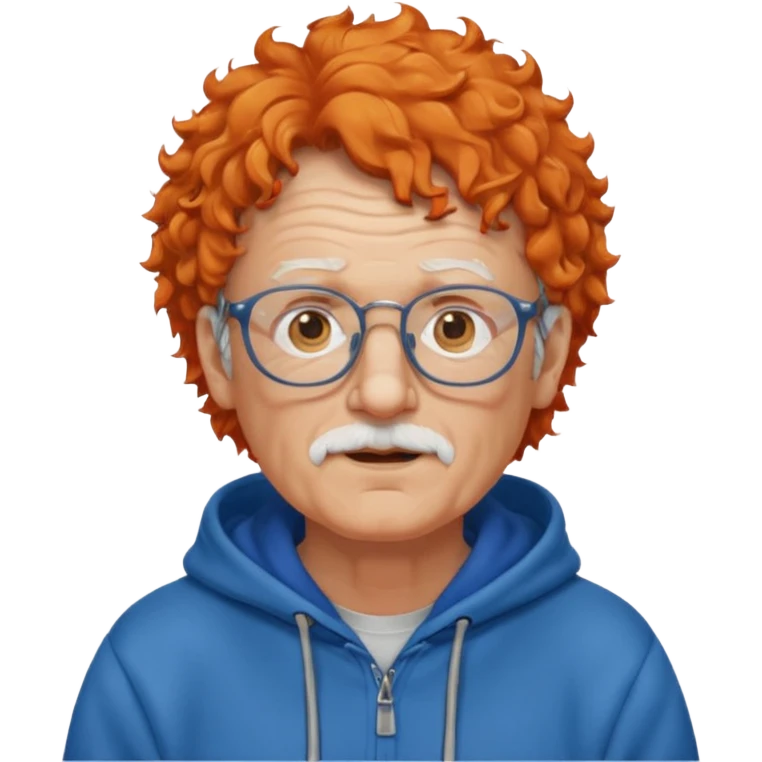 old man, orange curly hair, no mustache, wearing glasses, long face, wearing a blue hoodie emoji