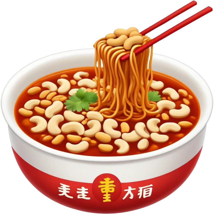 Chongqing Xiaomian with red spicy broth and peanuts, simplified emoji style with bold outlines and bright colors, cartoon style hot Sichuan street noodles emoji