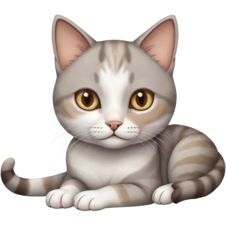 full body tiny short hair grey and white cat with white front legs anh azel eyes lying down emoji