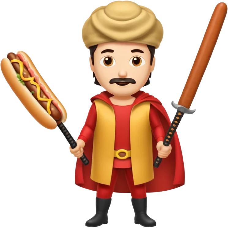 Middle aged attractive man wearing a hot dog costume wielding a katana emoji