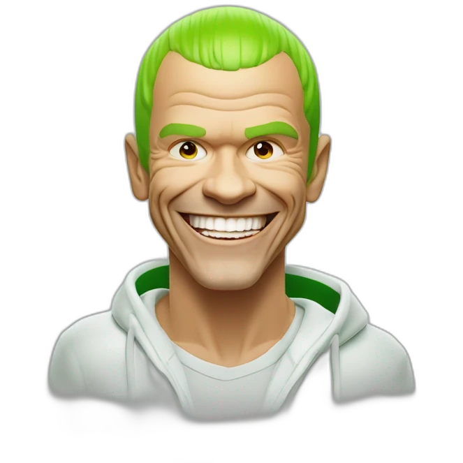 Michael “Flea” Balzary faceshot, with neon green short hair, smiling with gap in front teeth, bass player for Red Hot Chili Peppers emoji