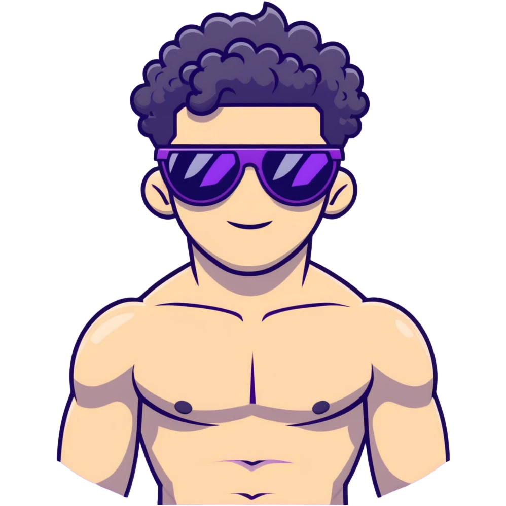 shirtless male athlete with white skin and moderately curly black hair on top with shaved sides, wearing purple sunglasses with black tinted lenses emoji