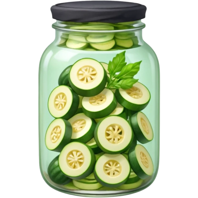 A homemade-style jar with sliced zucchini and herbs under a cloth cap.









 emoji