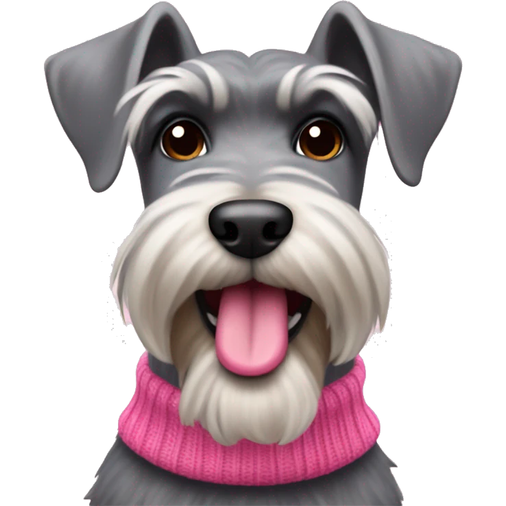Schnauzer wearing a pink sweater with tongue sticking out emoji