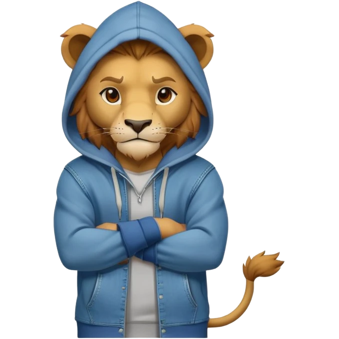 determined anthropomorphised lion in a hoodie and jeans with arms folded, energetic pose emoji