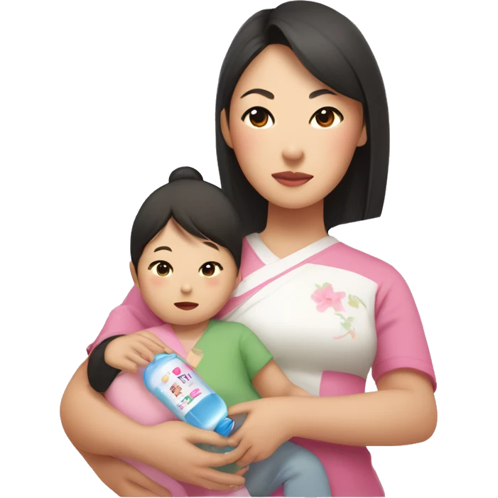 An Asian woman with white skin holds an Asian baby and a small child in her arms, in the other hand a bottle / pacifier with a mixture on the bottle the inscription "ANA" in pink color emoji