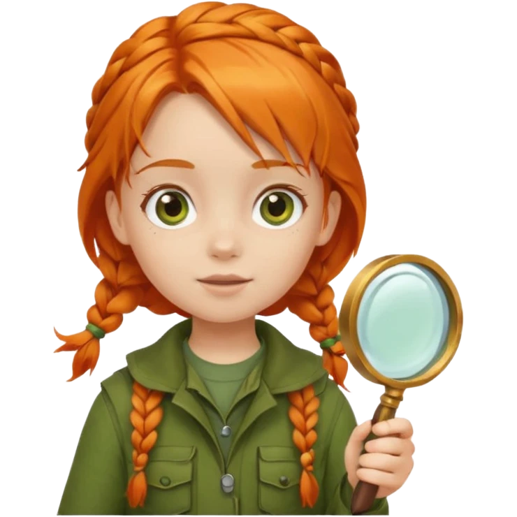 braid orange haired girl kid in moss green explorer outfit, holding magnifying glass emoji