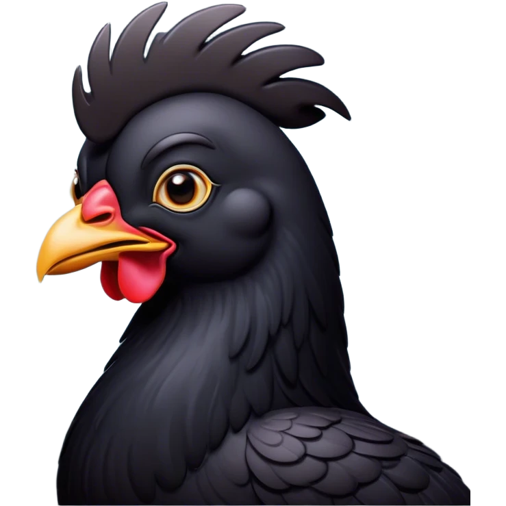 Cinematic Noble Black Chicken Portrait Emoji, Poised and regal, with a compact, sturdy build and a glossy, well-groomed pure black plumage, deep-set soulful beady eyes, Simplified yet sharp and sophisticated features, highly detailed, glowing with a soft, dignified glow, high shine, intelligent and alert, stylized with an air of mysterious elegance, focused and attentive, soft glowing outline, capturing the essence of a watchful and confident fowl, so majestic it feels as though it could strut out of the screen with effortless authority! emoji