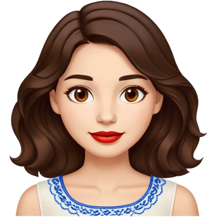 Enthusiastic woman with healthy glowing skin, round cheeks, warm smile, expressive light brown eyes, red lipstick, wavy dark brown shoulder-length hair, summery white top with blue embroidery and electric blue neckline emoji
