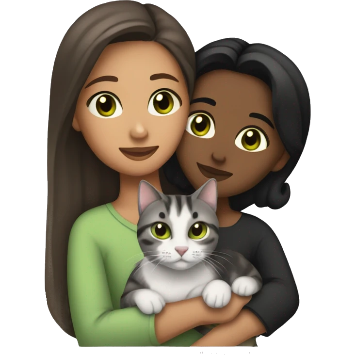 (brownskin girl with brown eyes and black hair) cuddling (one gray tabby cat with green eyes) emoji