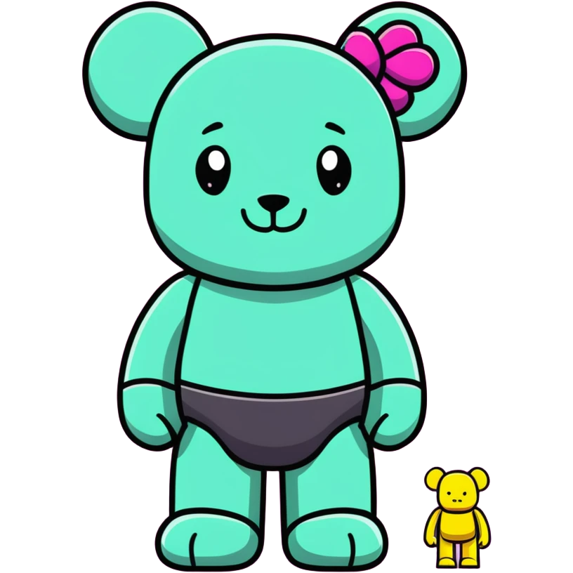 Bearbrick figure with KAWS style but with a cute happy smile, colorful bear-shaped collectible toy with articulated limbs emoji