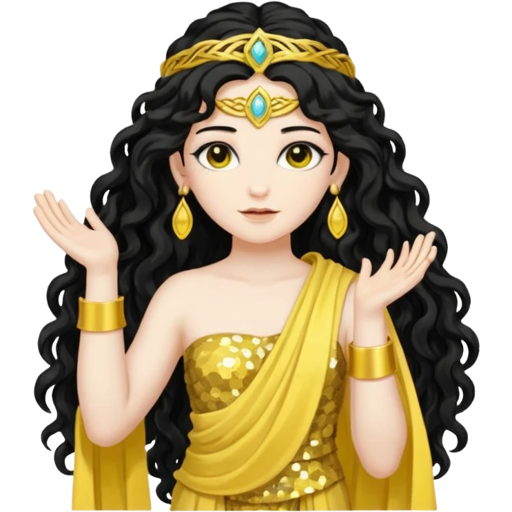 Libera, Goddess of Labyrinth from Roman Deities with long jet black wavy hair, yellow sequin toga  emoji