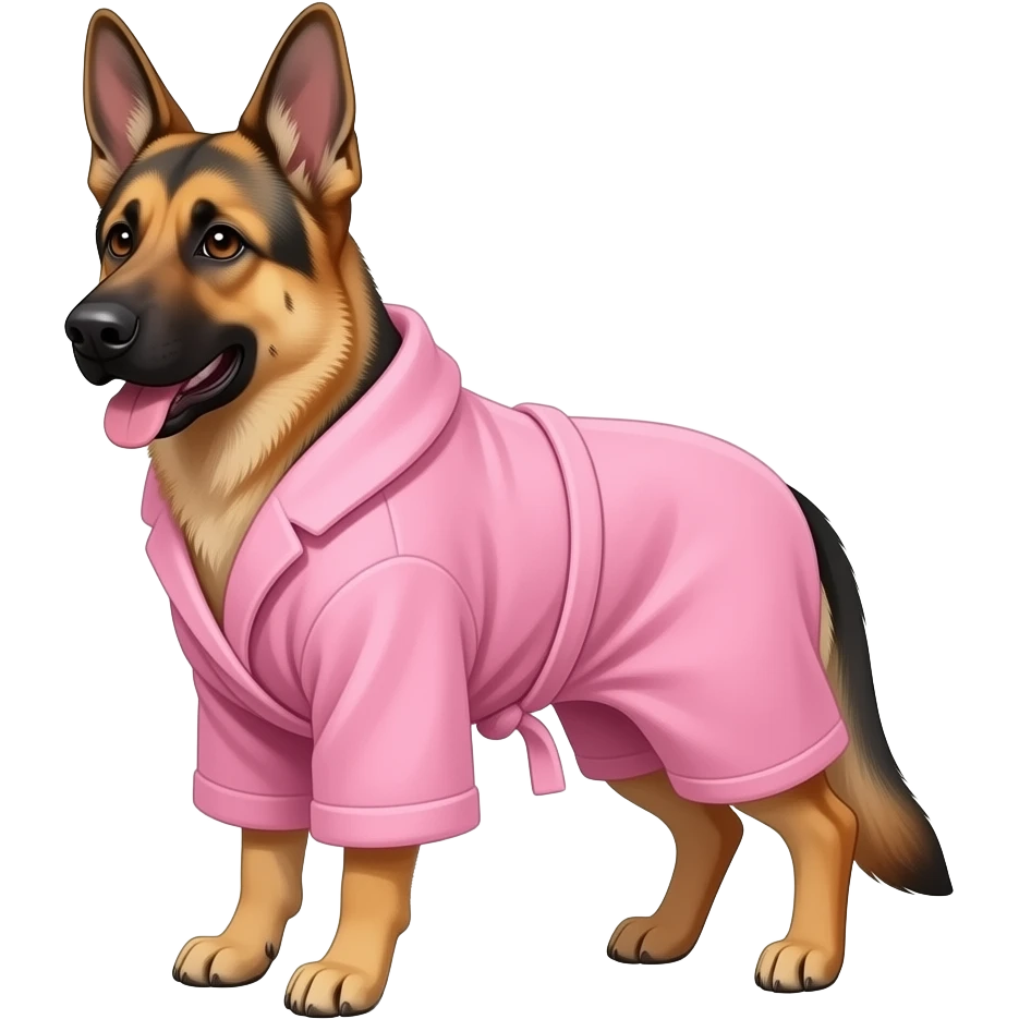 german shepherd mix in a pink robe emoji