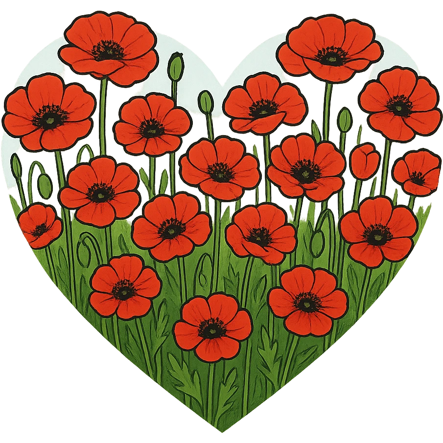 heart with a field of wild poppies, clean digital illustration, no background emoji