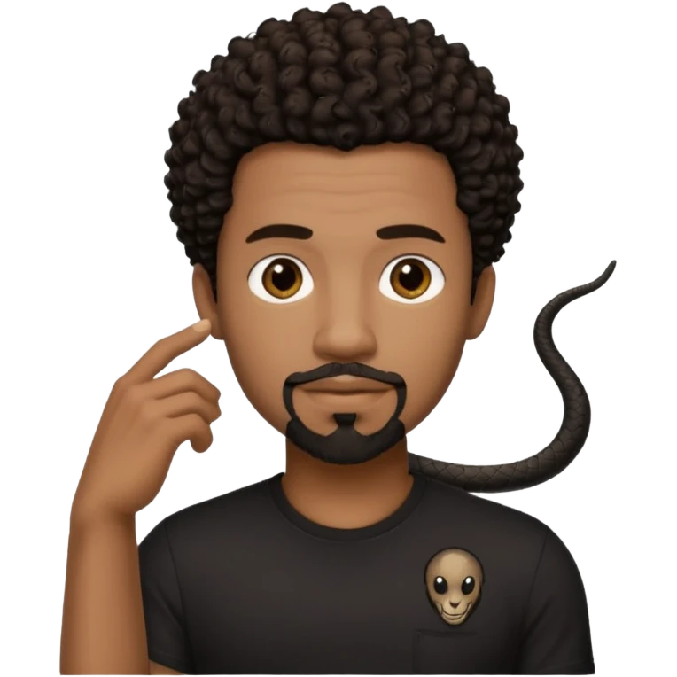 Homme noir de peau,  yeux marron avec un bouc pas de  moustache, cheveux noir court et bouclé crépus avec un dégradé sur le côté, avec un cobra à côté , t-shirt noir  emoji