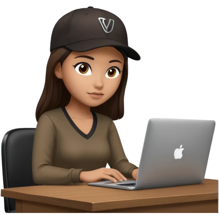 A professional 3D avatar of a young woman with olive skin and long, dark brown hair, wearing a dark, long-sleeved V-neck brown shirt and a black baseball cap. She's sitting at a sleek wooden desk, typing and looking at a silver MacBook.  emoji