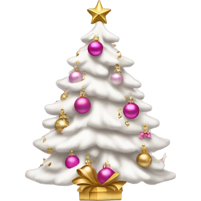 White Christmas tree with pink ornaments  and gold bows￼ emoji