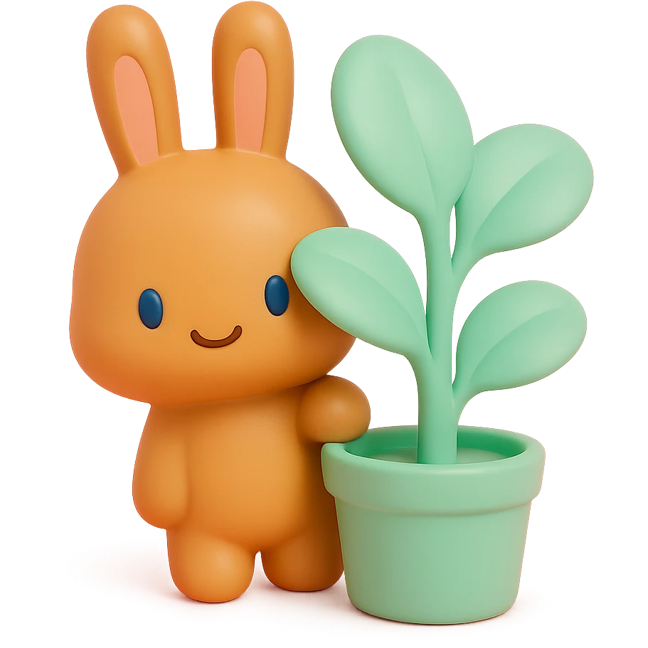 cinnamon bunny peeking behind a plant, vinyl figure style emoji
