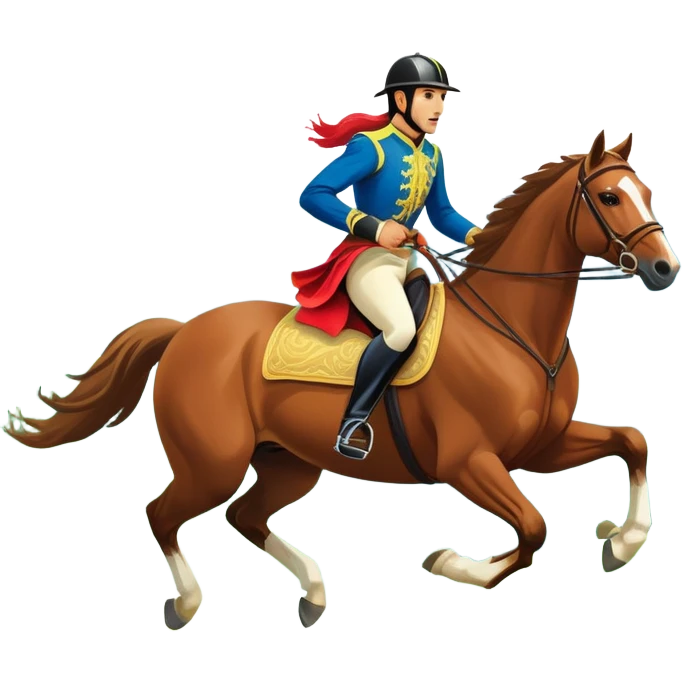 An icon showcasing a majestic horse and rider in full gallop across a lush green field. The background features a clear sky, distant mountains, and a vibrant landscape. The rider wears traditional gear, while the horse leaps with grace and power.  emoji