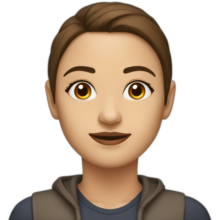 Mujer de 30 años, tez blanca, ojos marrón oscuro y pelo de longitud media, color castaño que se aclara de medios a puntas. Parecida a la actriz protagonista de la película crepúsculo emoji