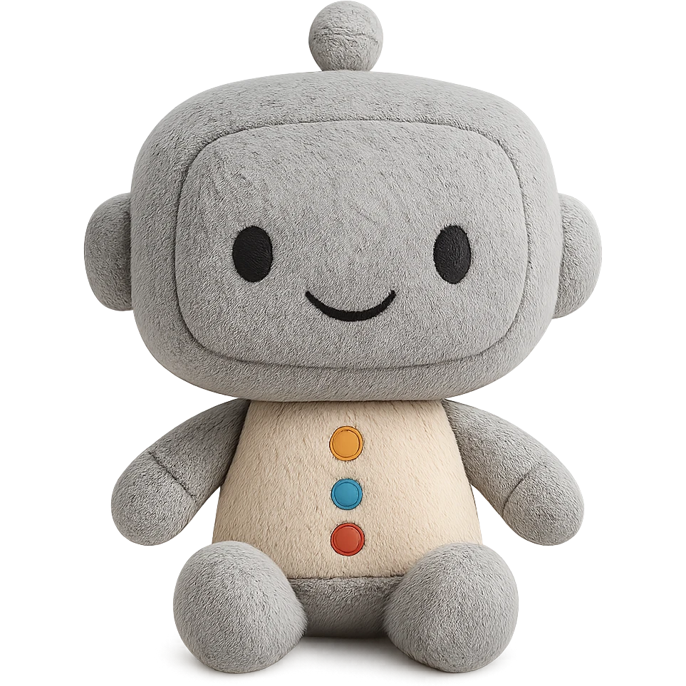 A friendly robot plush toy with embroidered buttons, soft fabric limbs, and cute stitched smile, with subtle fabric texture visible emoji