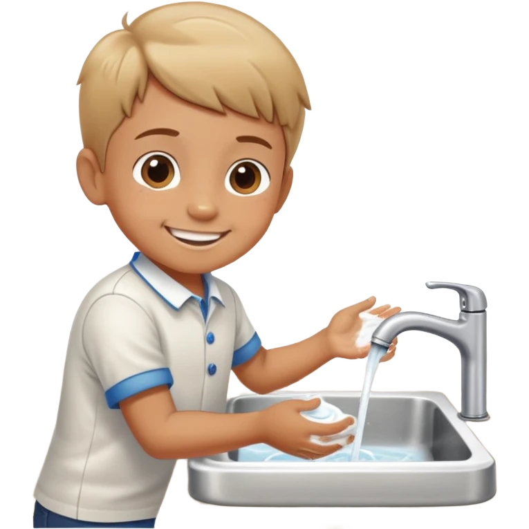 child washing hands at a sink, smiling, food on table in background emoji