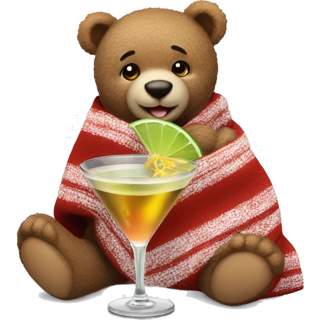 a Christmas teddy happy bear wrapped in a blanket drinks martini  emoji