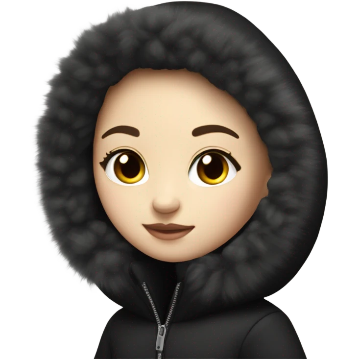 White skinned girl wearing a black puff coat with a black fur hood emoji