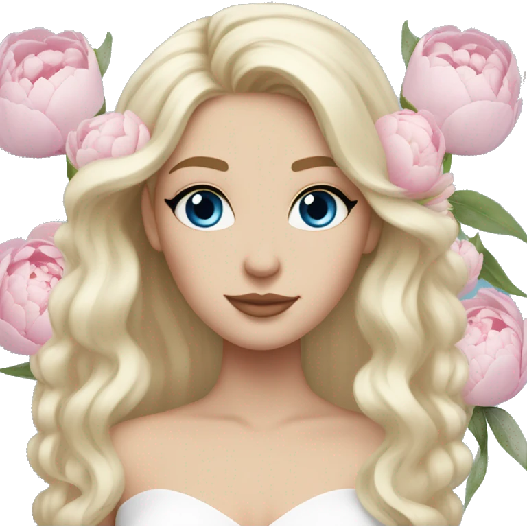 White bride with long light blonde hair and blue eyes with light pink peonies in hair white skin  emoji